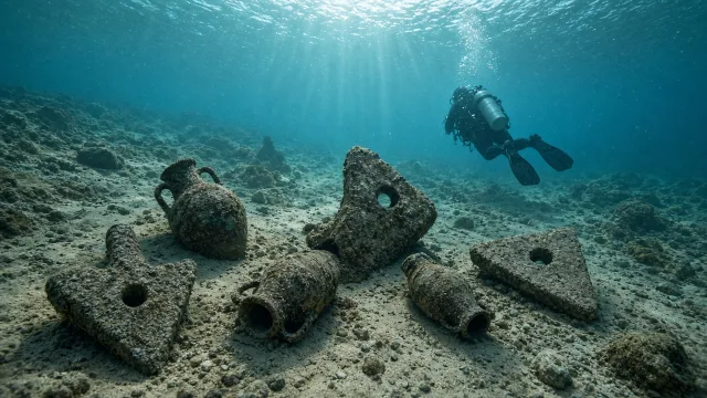 Ancient clay amphorae and stone anchors on a Mediterranean seabed, illustrating the world's oldest shipwreck found off Turkey