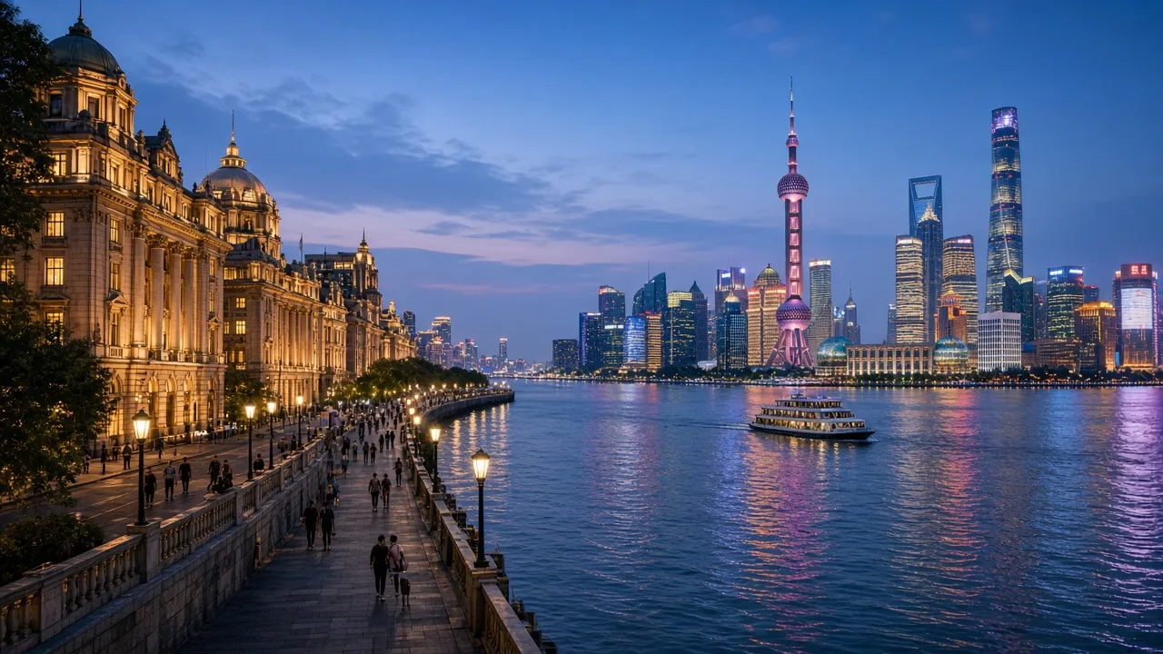Shanghai's Bund waterfront and Pudong skyline at blue hour across the Huangpu River