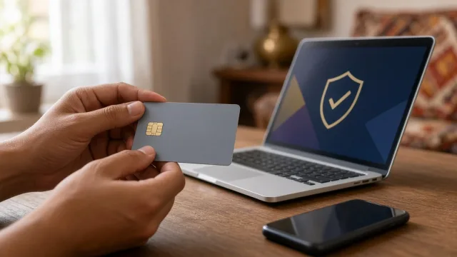 Hands holding a blank chip card in front of a laptop showing a shield symbol