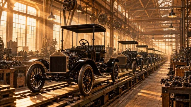 Early factory interior with vintage car chassis on an assembly line