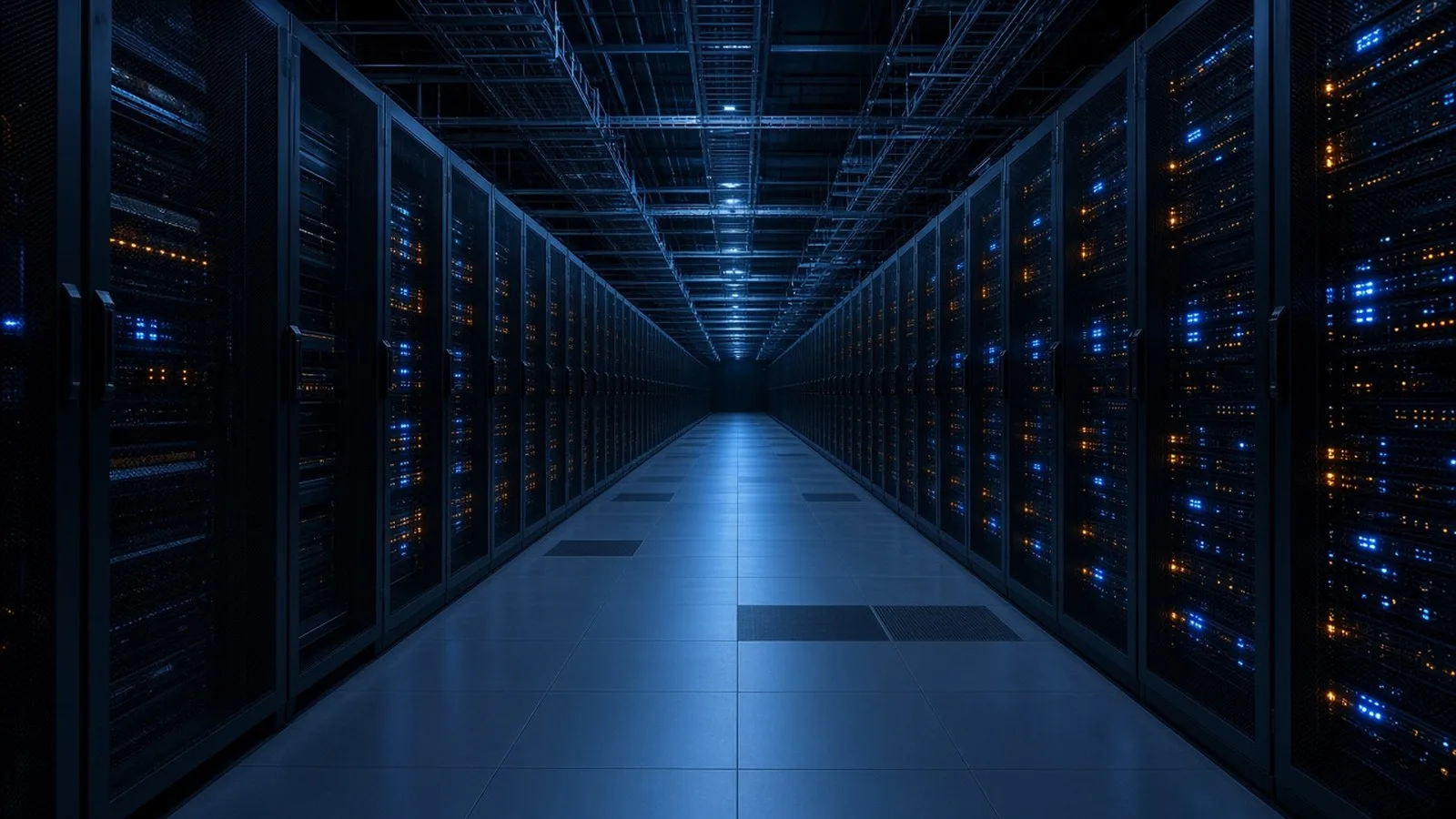 Long aisles of server racks inside a large AI data centre, some dimmed, illustrating Gartner's warning on AI infrastructure write-downs
