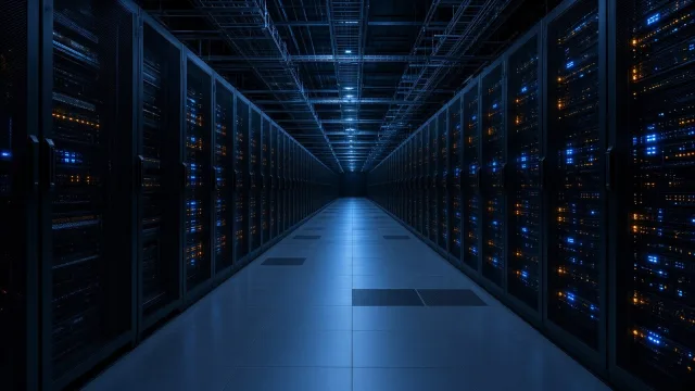 Long aisles of server racks inside a large AI data centre, some dimmed, illustrating Gartner's warning on AI infrastructure write-downs