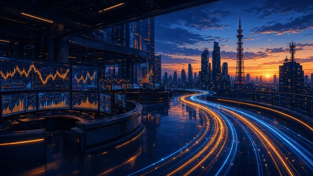 Stock market charts glowing alongside telecom towers, representing the Jio Platforms IPO