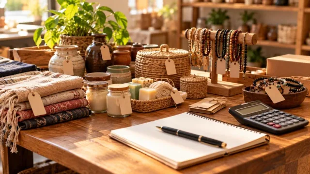 Handmade products on a table with blank price tags, calculator and notebook