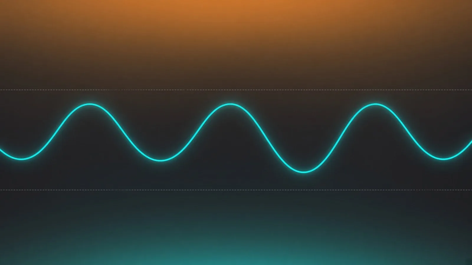Abstract glowing cyan oscillator wave moving between two faint horizontal lines, with an orange-shaded upper zone and a teal-shaded lower zone