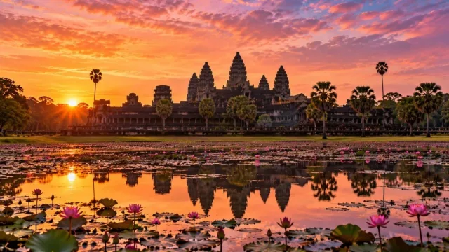 Angkor Wat temple towers reflected in a lotus pond at sunrise
