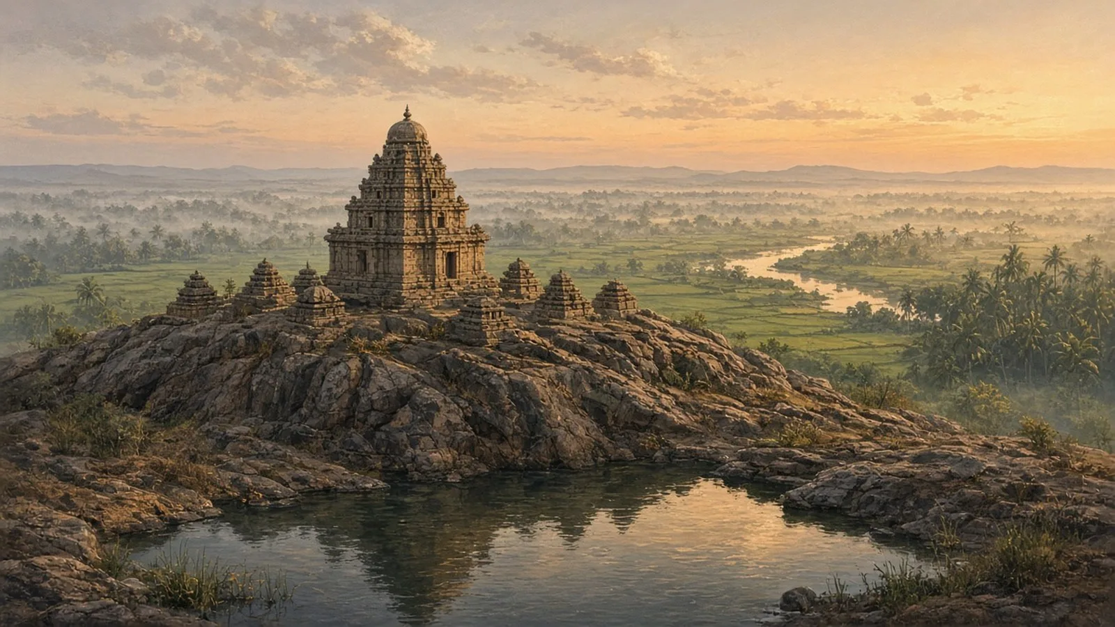 Painterly dawn view of a small early Chola granite temple with a rounded stone tower on a rock outcrop, small shrines around it, and paddy fields and palms of the Kaveri delta beyond