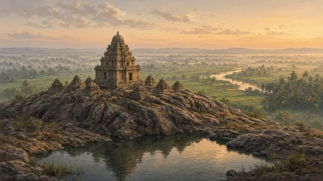 Painterly dawn view of a small early Chola granite temple with a rounded stone tower on a rock outcrop, small shrines around it, and paddy fields and palms of the Kaveri delta beyond