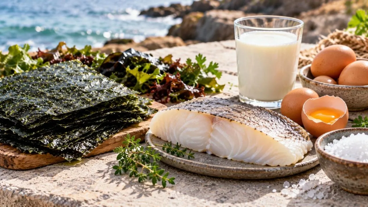 Nori seaweed sheets, a white fish fillet, eggs, a glass of milk and a bowl of salt on a stone surface by the sea