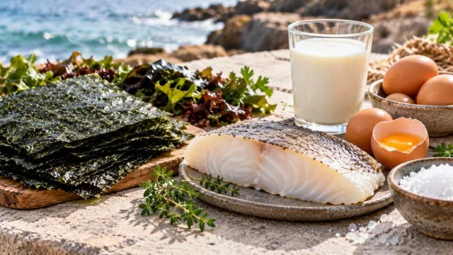 Nori seaweed sheets, a white fish fillet, eggs, a glass of milk and a bowl of salt on a stone surface by the sea