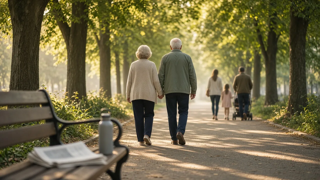 An older couple walking along a sunlit park path, illustrating WHO's findings on life expectancy and chronic disease