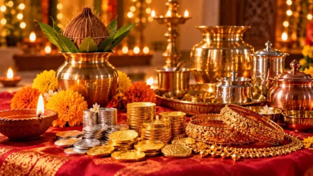 Gold coins, bangles, silver coins, brass utensils and a lit diya on red silk for Dhanteras