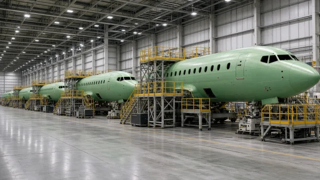 Unpainted jetliner fuselages in green primer lined up on a production line inside a large assembly hangar