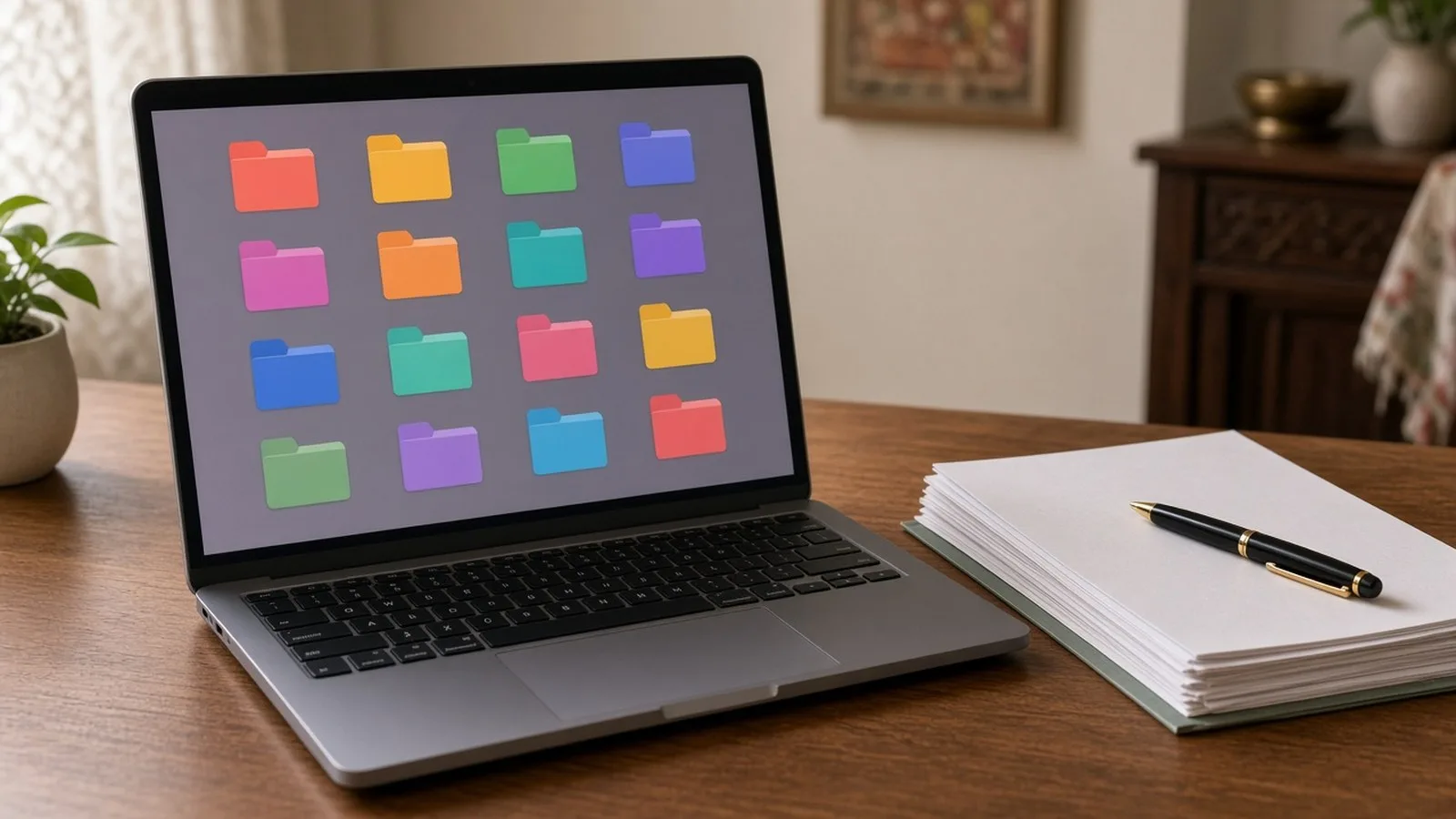 Laptop screen with neatly arranged colourful folder icons beside a stack of paper documents