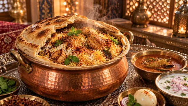 Hyderabadi chicken dum biryani in a copper handi with saffron rice, fried onions, mint, salan and raita