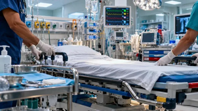 A ready trauma bay in a modern hospital emergency department with gloved hands preparing equipment