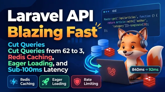 Banner for Blazing-Fast Laravel REST APIs showing Redis caching, eager loading, and sub-100ms latency metrics