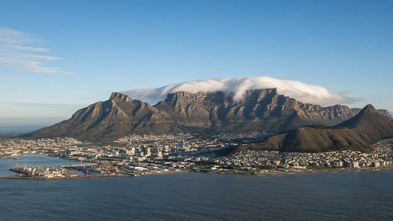 Table Mountain with a layer of cloud rising above Cape Town and its harbour