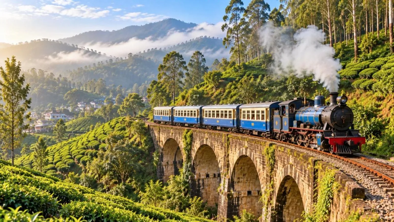 Blue Nilgiri Mountain Railway steam train crossing a bridge through green hills