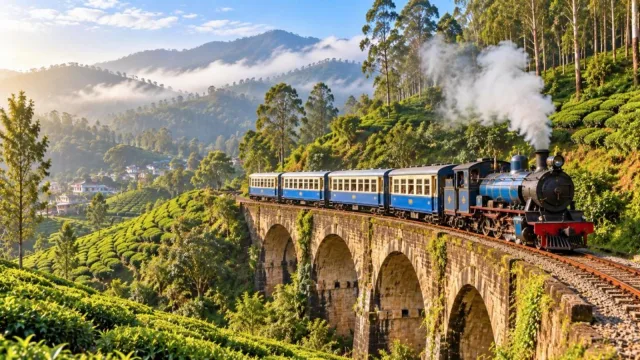 Blue Nilgiri Mountain Railway steam train crossing a bridge through green hills
