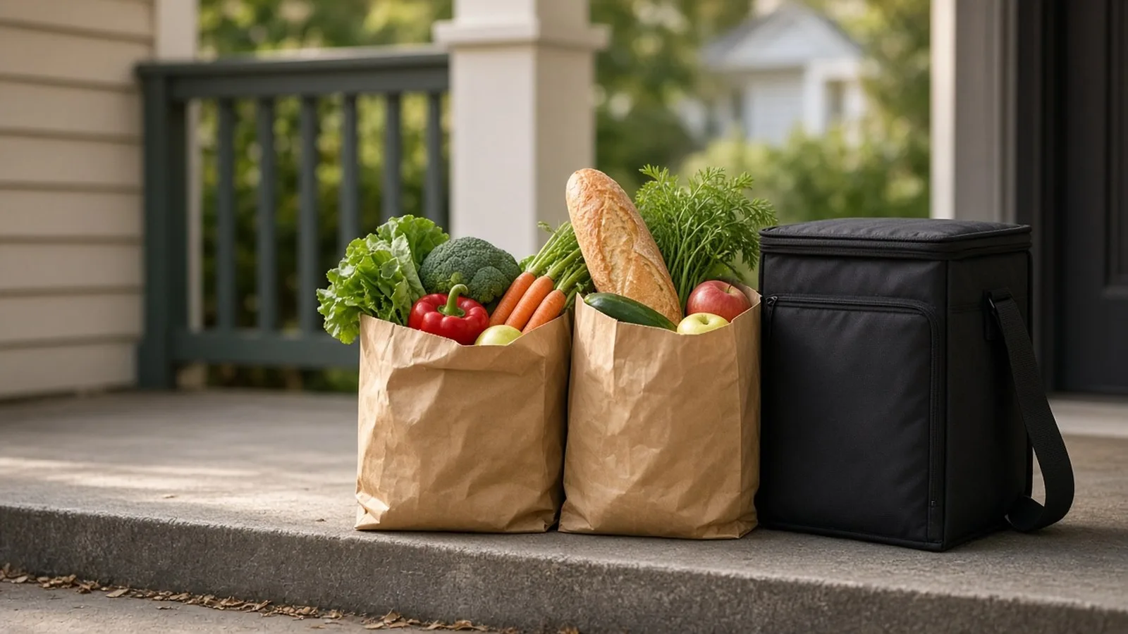 Two paper grocery bags of fresh vegetables, bread and fruit beside a black insulated delivery bag on a sunlit front porch