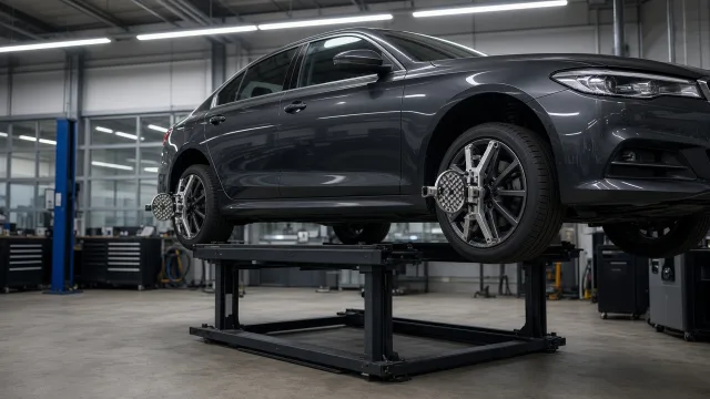 Editorial illustration of a car on a wheel alignment machine in a modern workshop