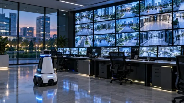 Security control room with CCTV monitors and a small white security robot