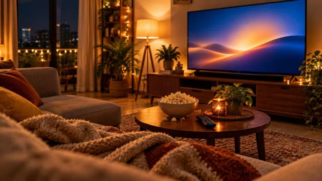 Cosy living room at night with a TV glow, popcorn and a blanket