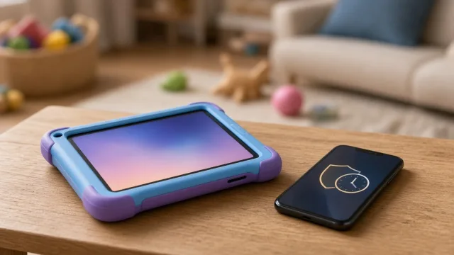 Child's tablet in a colourful case beside a parent's phone showing a shield and clock icon