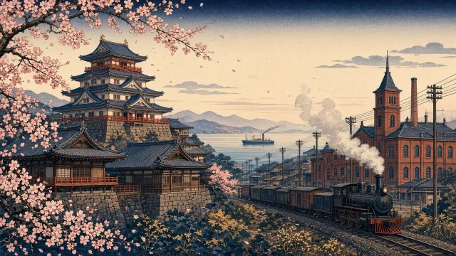 A Japanese castle blending into a brick silk mill and early steam train, illustrating the Meiji Restoration's rapid modernisation