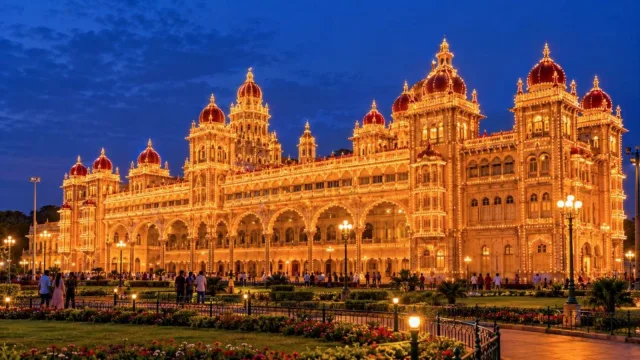 Illuminated Mysore Palace at night with its domes and arches