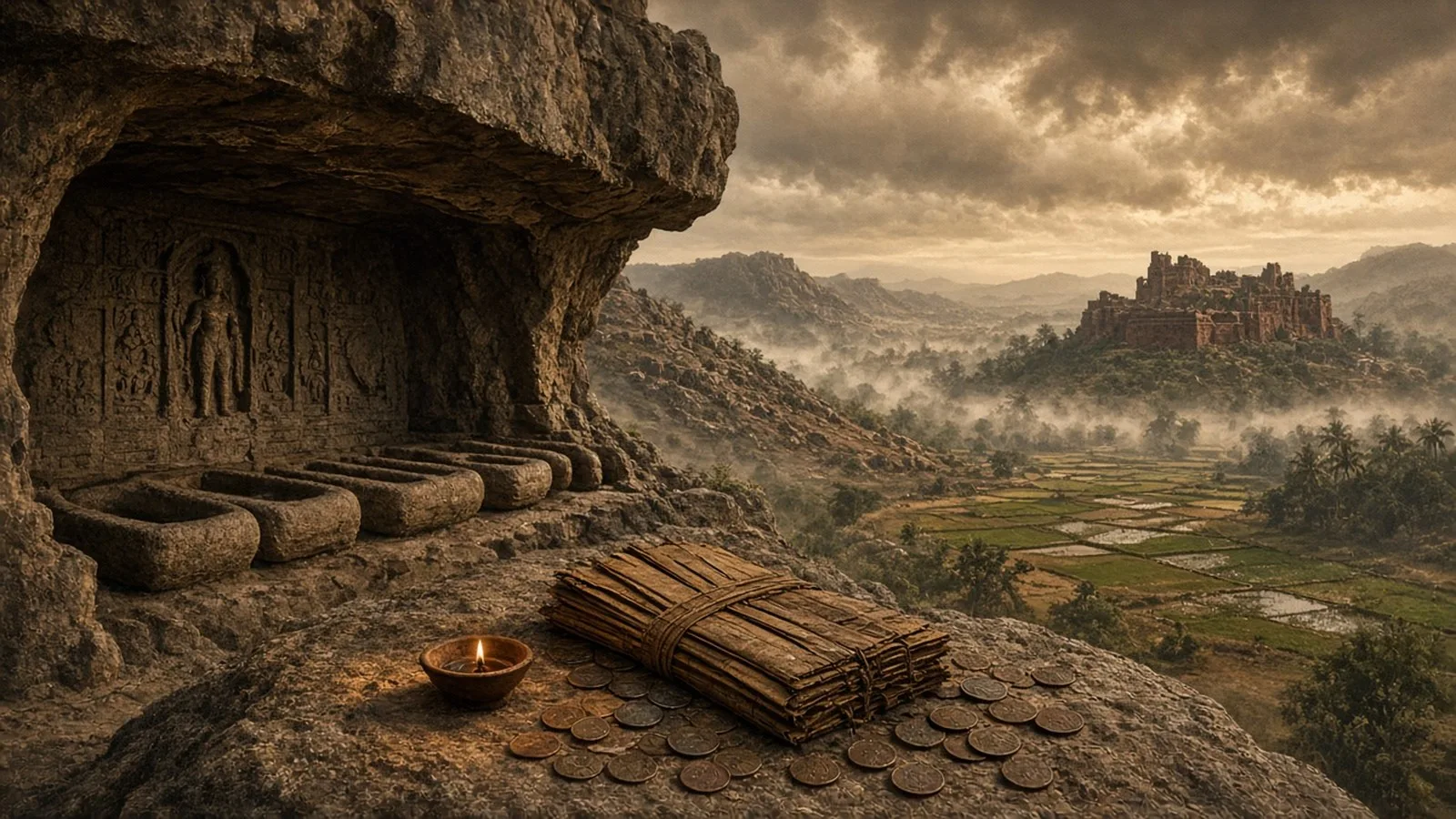 A weathered Jain rock-cut cave shelter with carved stone beds on a granite hillside, with palm-leaf manuscripts, an oil lamp and old coins on a ledge, and misty paddy fields and a distant ruined fort