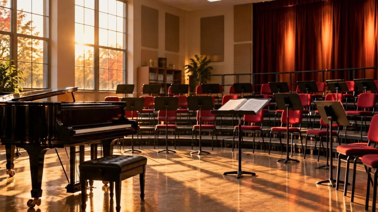 An empty high school choir room with a piano and red chairs in a semicircle under warm lights