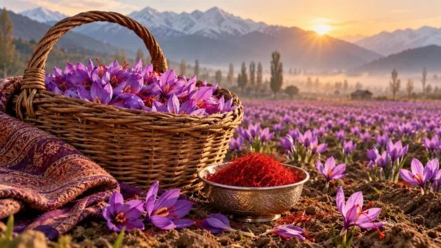 Basket of purple saffron crocus flowers and a silver bowl of red saffron threads in a Kashmir field at sunrise