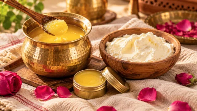 Golden ghee in a small brass pot with a wooden spoon, a bowl of fresh cream and rose petals