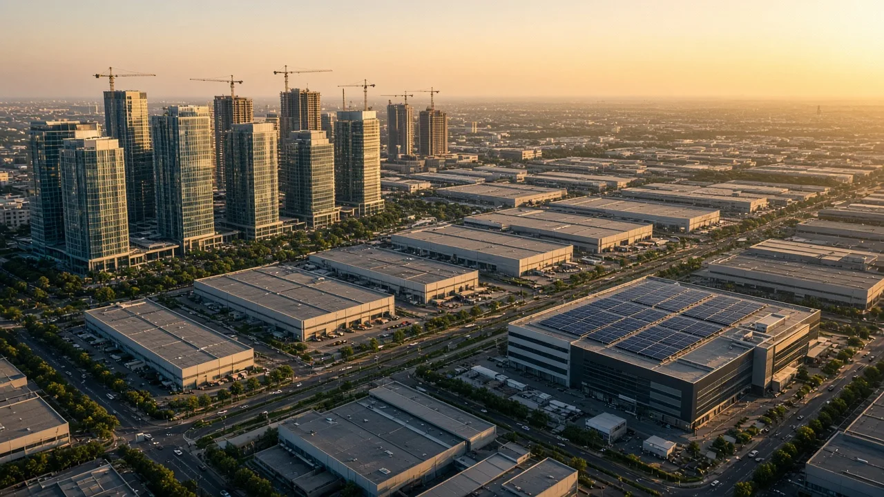 Aerial view of office towers, warehouses and a data centre in an Indian city, illustrating Blackstone's India investment plans