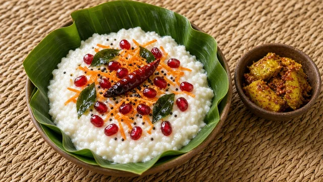 Food photo of creamy curd rice in a banana leaf-lined bowl topped with mustard seeds, curry leaves and pomegranate