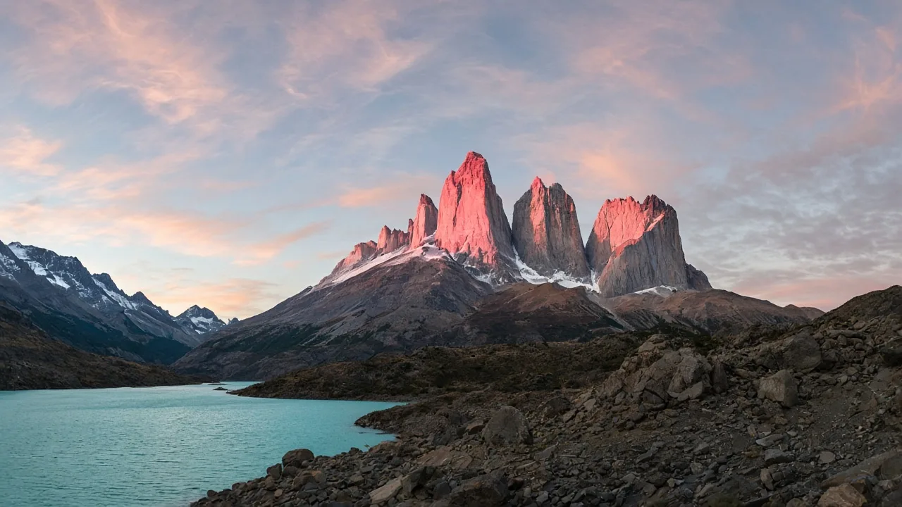 The granite towers of Torres del Paine lit pink at sunrise above a glacial lake