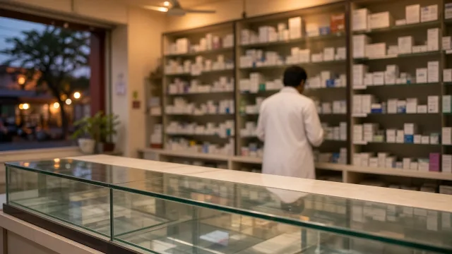 Shelves of medicine boxes behind the counter of an Indian pharmacy, illustrating rules on advertising prescription drugs