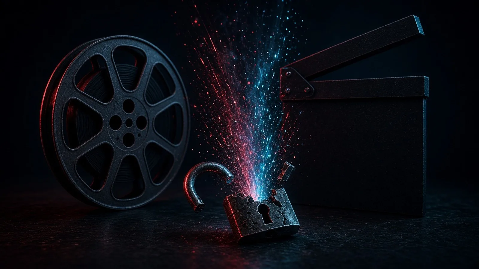 A film reel and a plain clapperboard in the dark, with a broken padlock in front releasing streams of glowing red and blue particles