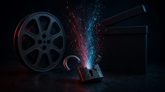 A film reel and a plain clapperboard in the dark, with a broken padlock in front releasing streams of glowing red and blue particles