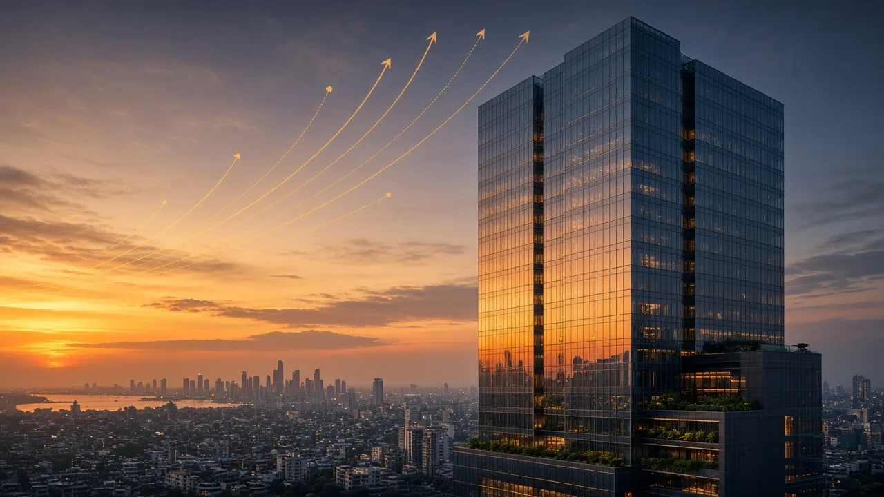 Modern bank headquarters tower in Mumbai at dusk, illustrating the IDBI Bank stake sale to Fairfax