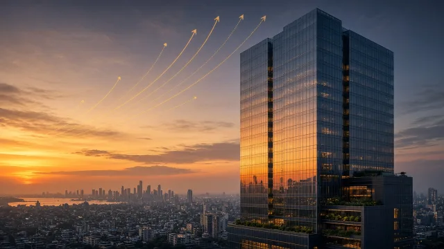 Modern bank headquarters tower in Mumbai at dusk, illustrating the IDBI Bank stake sale to Fairfax