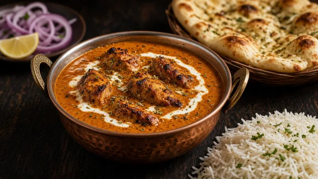 A copper bowl of Indian butter chicken in orange tomato gravy with cream swirl, served with naan