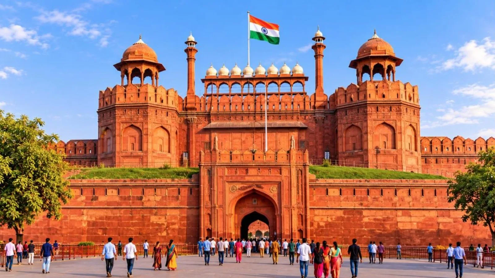 The red sandstone Lahori Gate of the Red Fort in Delhi with the Indian flag flying