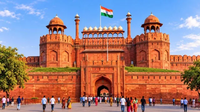 The red sandstone Lahori Gate of the Red Fort in Delhi with the Indian flag flying