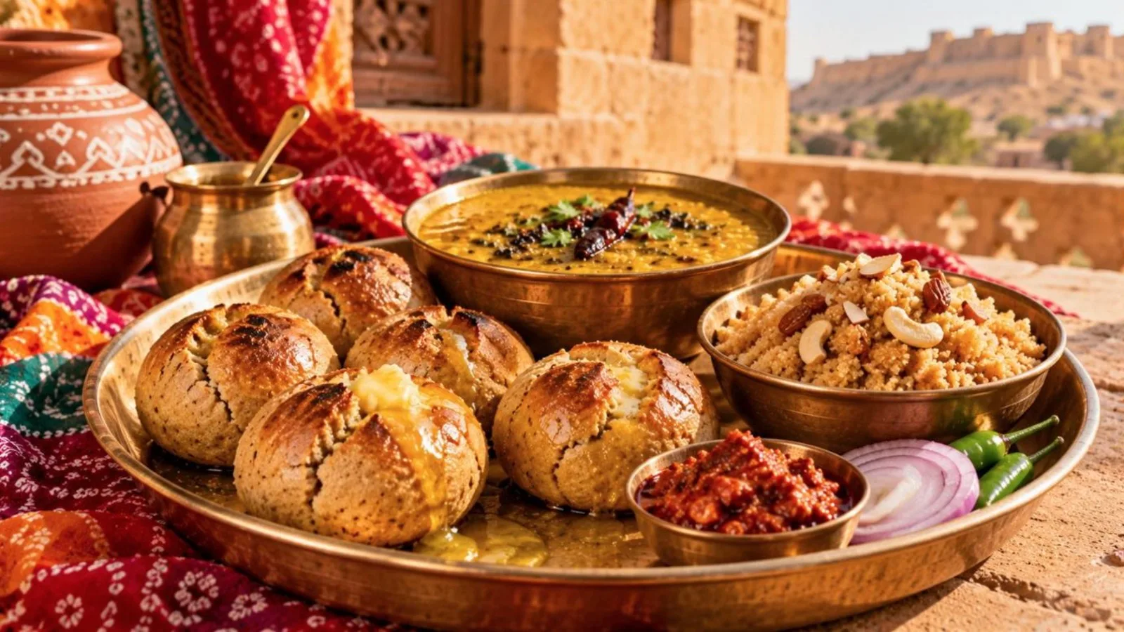Ghee-soaked baatis with panchmel dal and sweet churma on a brass thali in a Rajasthani courtyard