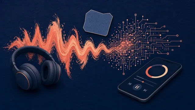 Headphones and a music player with a sound wave split between hand-drawn and digital styles, representing AI music labels