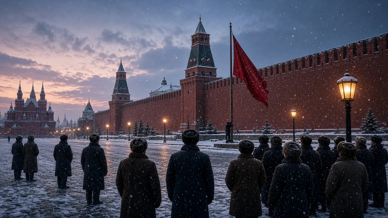 A red flag being lowered over a snowy fortress square at dusk, illustrating the collapse of the Soviet Union in 1991