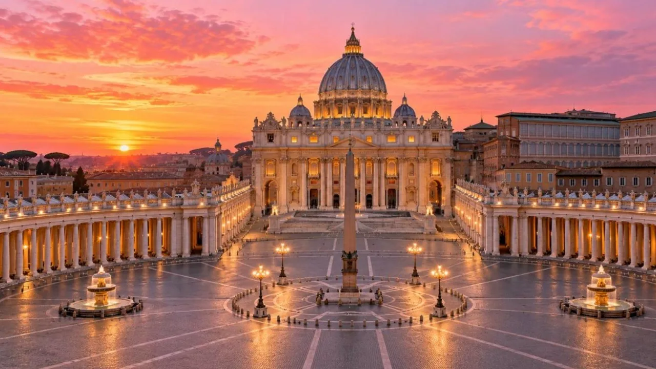 St Peter’s Basilica dome and St Peter’s Square in Vatican City at sunrise